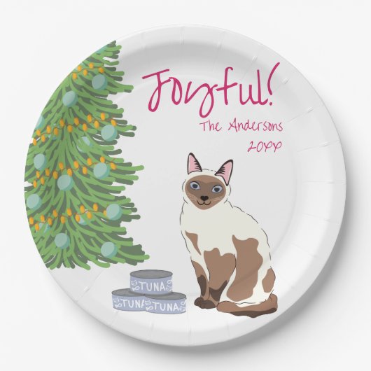 Cute Siamese Cat with Tuna Joyful Christmas Pappteller (Vorderseite)