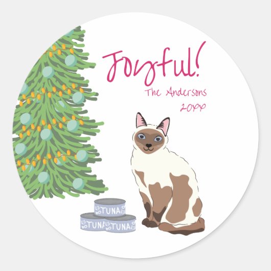 Cute Siamese Cat with Tuna Joyful Christmas  Runder Aufkleber (Vorderseite)