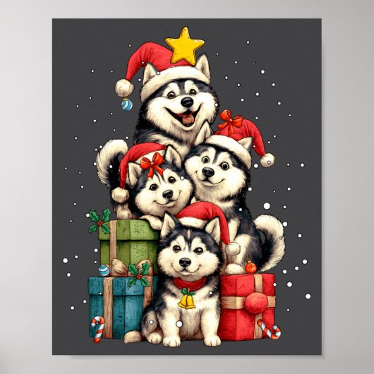 Cute Siberian Husky Le Dog Christmas Tree Xmas Hat Poster (Vorne)