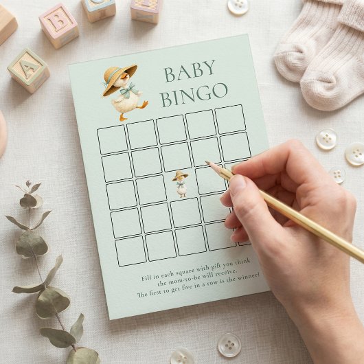 Cute Silly Goose Bingo Teal Baby Shower Game Card Einladung