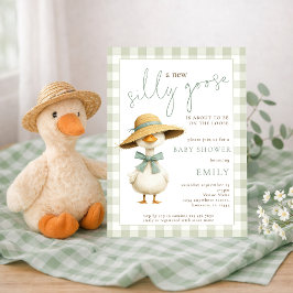 Cute Silly Goose Sage Gingham Baby Shower Einladung