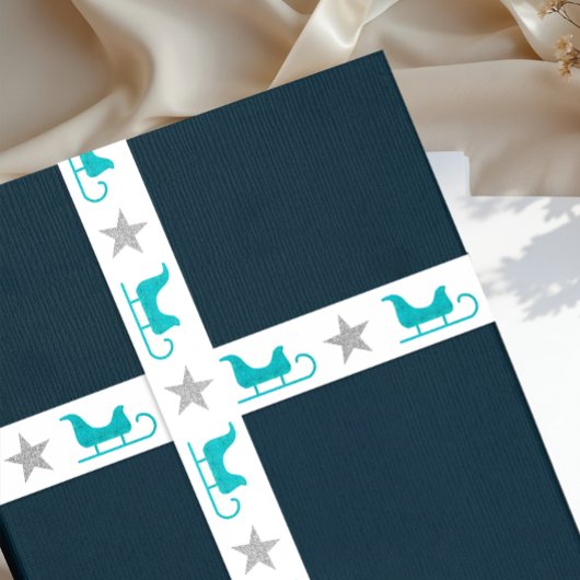 Cute Silver White Blue Sleigh Star Glitter Pattern Satinband