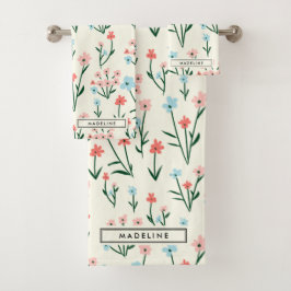Cute Simple Botanical Pink Blue Flower Floral Badhandtuch Set