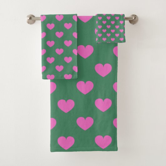 Cute Simple Preppy Pink and Green Heart Pattern Badhandtuch Set (Insitu)
