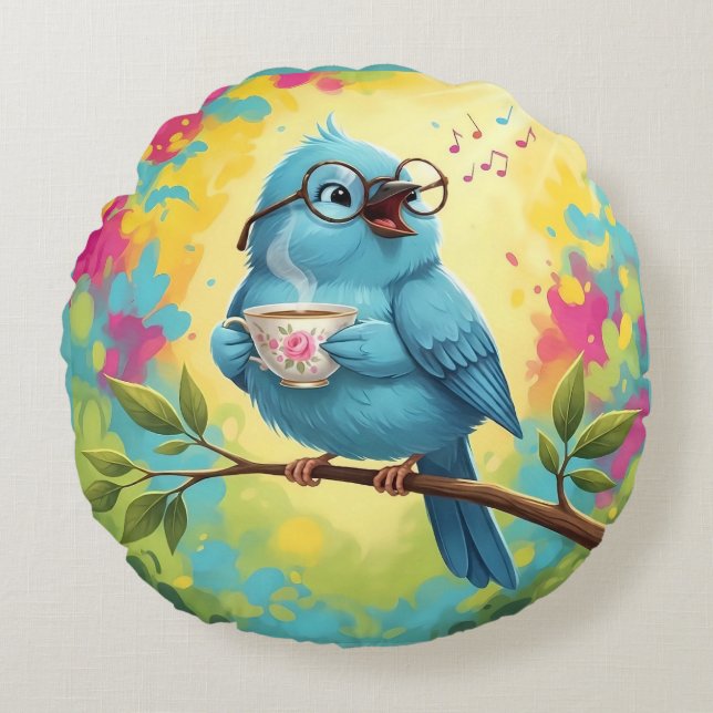 Cute Singing Blue Bird Round Pillow  Rundes Kissen (Vorderseite)