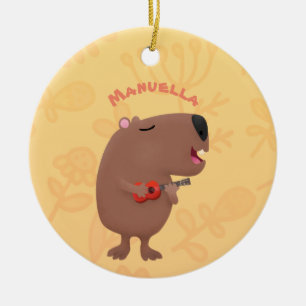 Cute singing capybara ukulele cartoon illustration keramik ornament