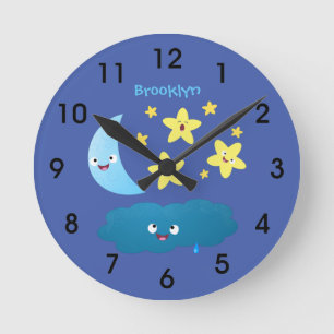 Cute singing stars, moon and cloud cartoon round c runde wanduhr