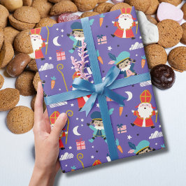 Cute Sinterklaas and Piet Pattern on Purple Geschenkpapier