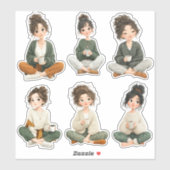 Cute Sitting Chibi Girl Coffee Stickers Aufkleber (Blatt)