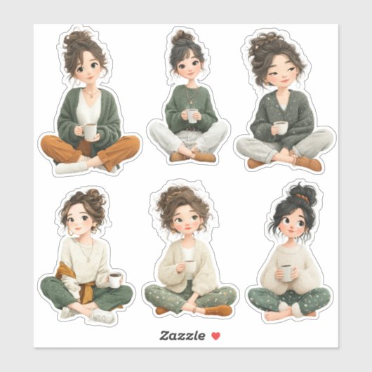 Cute Sitting Chibi Girl Coffee Stickers Aufkleber (Blatt)
