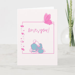Cute Sitting Couple Love Card - Pink Butterfly Lov Karte
