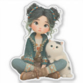 Cute Sitting Girl with Cat – Cozy Character Sticke Aufkleber (Vorderseite)