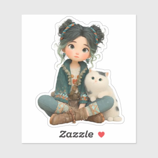 Cute Sitting Girl with Cat – Cozy Character Sticke Aufkleber (Blatt)