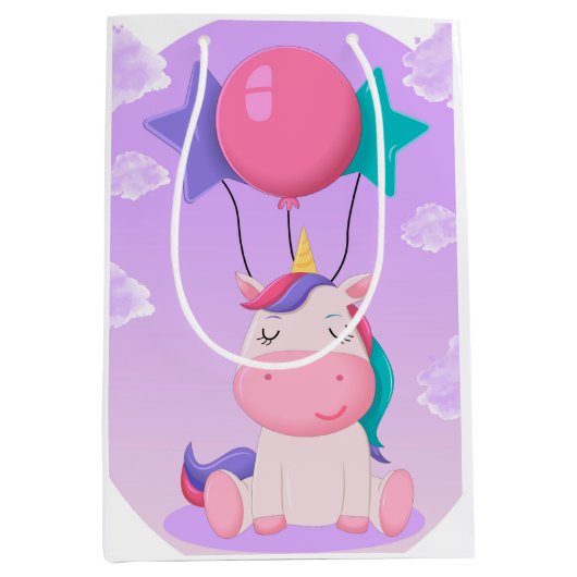 Cute Sitting Unicorn and Balloons Lilac Mittlere Geschenktüte (Vorderseite)