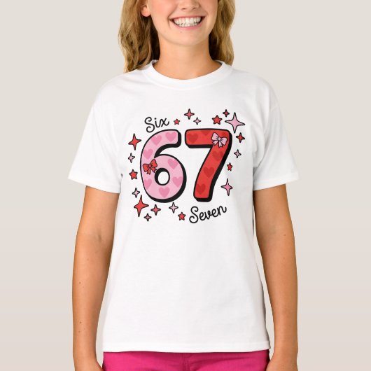 Cute Six Seven Meme – Pink & Red 6 7 with Hearts T-Shirt (Vorderseite)