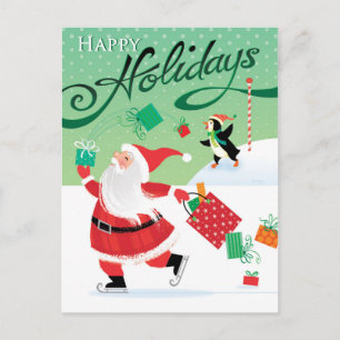 Cute Skating Santa Happy Holidays Postcard Feiertagspostkarte