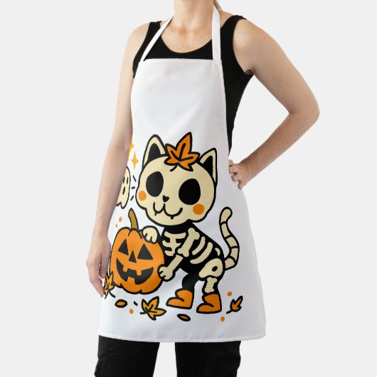 Cute Skeleton Cat All-Over Print Apron, Medium Schürze (InSitu)