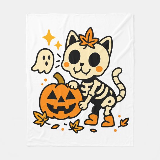 Cute Skeleton Cat with Pumpkin Fleece Blanket (Vorderseite)