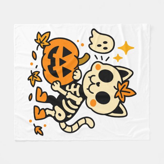 Cute Skeleton Cat with Pumpkin Fleece Blanket (Vorderseite (Horizontal))
