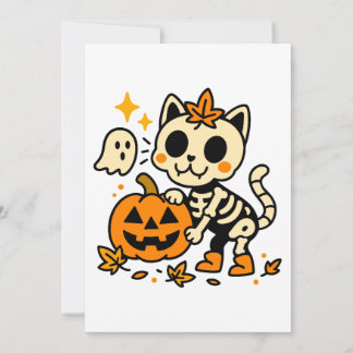 Cute Skeleton Cat with Pumpkin Invitation Einladung