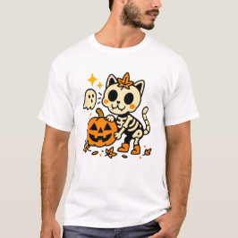 Cute Skeleton Cat with Pumpkin T-Shirt