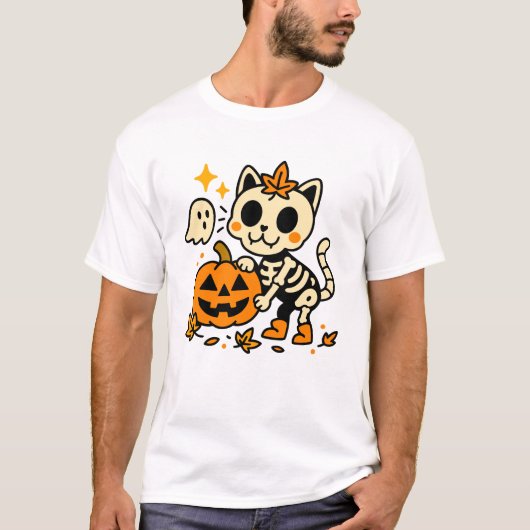 Cute Skeleton Cat with Pumpkin T-Shirt (Vorderseite)