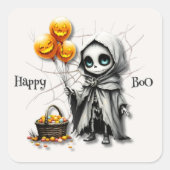 Cute Skeleton Girl with Pumpkin Balloons Quadratischer Aufkleber (Vorderseite)