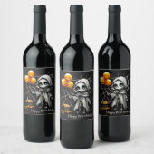 Cute Skeleton Girl with Pumpkin Balloons  Weinetikett (Flaschen)