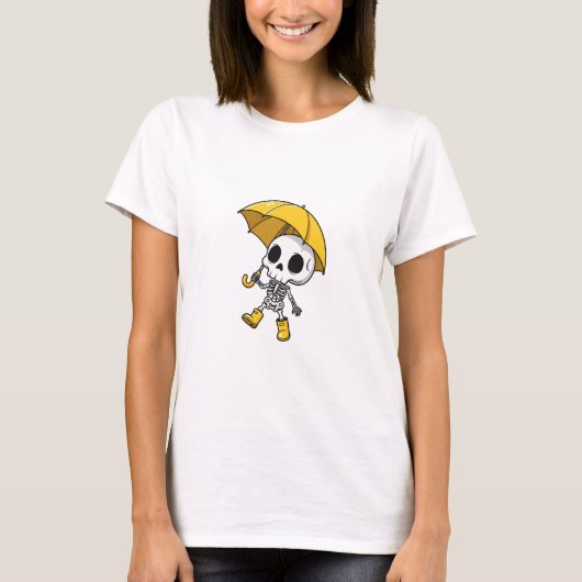 Cute Skeleton Holding Yellow Umbrella Wearing Rain T-Shirt (Vorderseite)