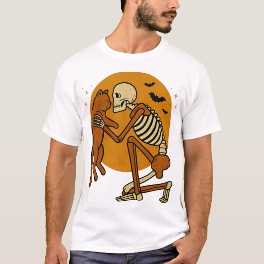 Cute Skeleton Hugging Cat Gothic Halloween Design T-Shirt (Vorderseite)