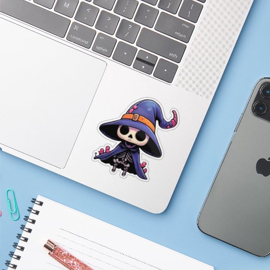 Cute Skeleton Witch - Halloween Kawaii Aufkleber (Laptop mit iPhone)