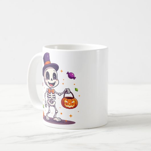 Cute Skeleton With Candy Halloween Mug Kaffeetasse (Vorderseite Links)