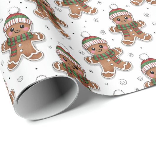 Cute Sketchy Gingerbread Man in Winter Hat Pattern Geschenkpapier (Rolleneckpunkt)