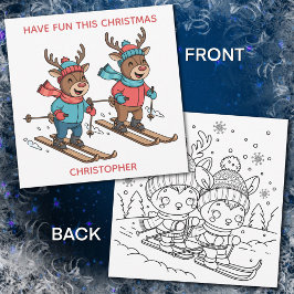 Cute Skiing  Christmas Reindeer with Coloring Page Feiertagskarte