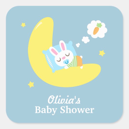 Cute Sleeping Bunny on Moon Baby Dusche Quadratischer Aufkleber (Vorderseite)