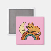 Cute Sleeping Cat on Rainbow with Moon – Funny Cat Magnet (Vorderseite/Rückseite)