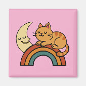 Cute Sleeping Cat on Rainbow with Moon – Funny Cat Magnet (Vorne)