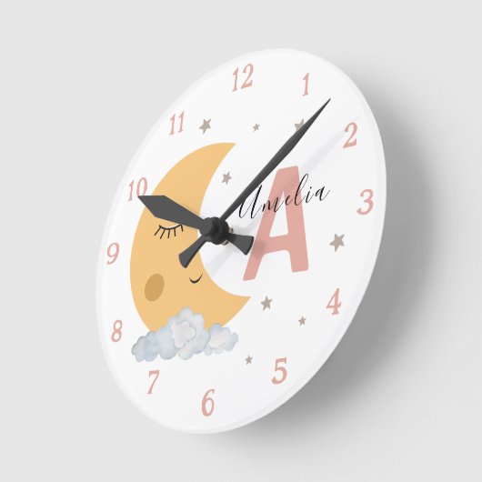 Cute Sleeping Moon Baby Nursery Clock Peach Pink Runde Wanduhr (Winkel)