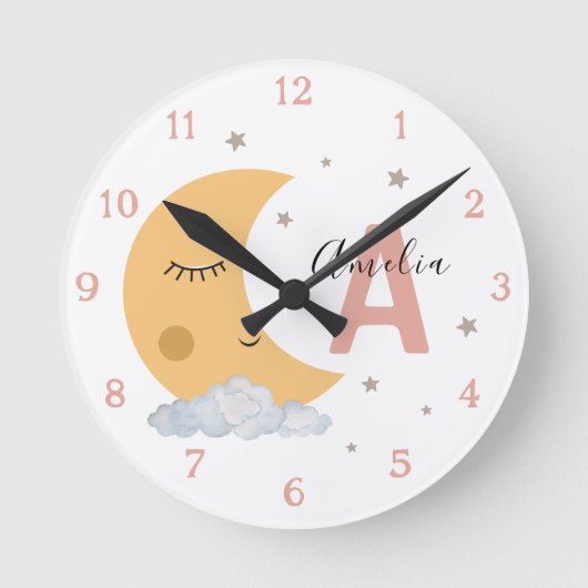 Cute Sleeping Moon Baby Nursery Clock Peach Pink Runde Wanduhr (Vorderseite)
