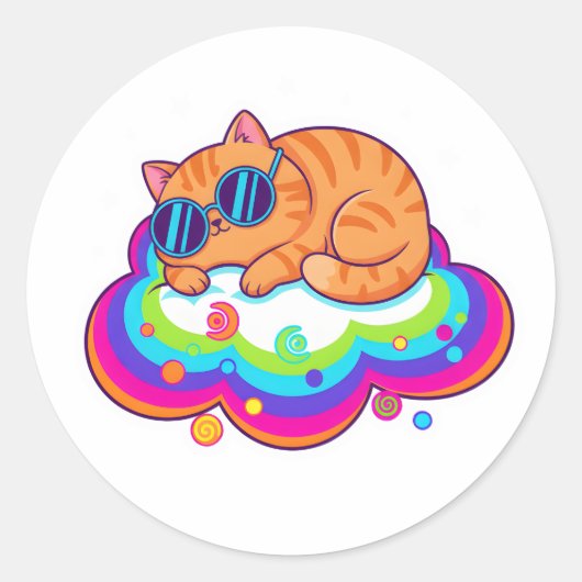 Cute Sleeping Orange Cat on Rainbow Cloud with Sta Runder Aufkleber (Vorderseite)