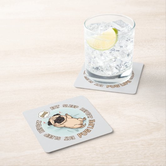 Cute Sleeping Pug Paper Coaster | Eat Sleep Repeat Rechteckiger Pappuntersetzer (Vor Ort)