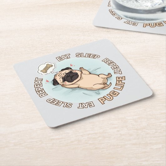 Cute Sleeping Pug Paper Coaster | Eat Sleep Repeat Rechteckiger Pappuntersetzer (angewinkelt)