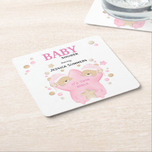 Cute Sleeping Teddy Bear Twin Baby Girls Shower Sq Rechteckiger Pappuntersetzer