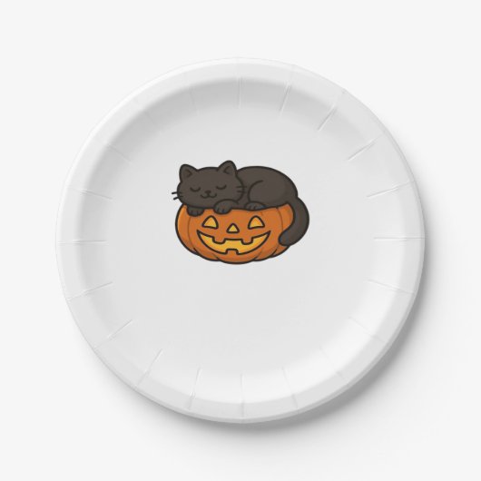 Cute Sleepy Black Cat on a Pumpkin Halloween Essen Pappteller (Vorderseite)