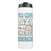 Cute Sleepy Cat "Energy Saving" Quote Thermosbecher (Vorderseite)