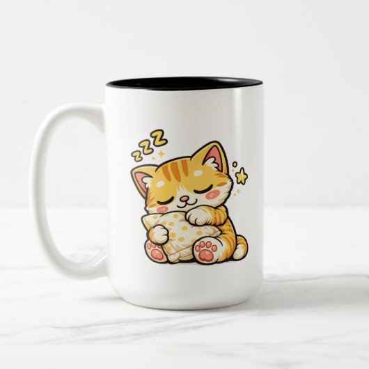Cute Sleepy Cat Pillow Zweifarbige Tasse (Links)
