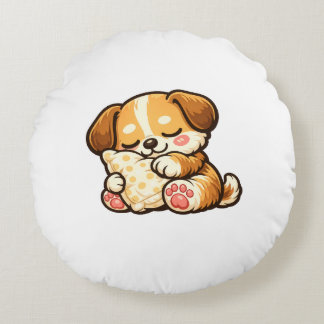 Cute Sleepy Puppy with Pillow Rundes Kissen