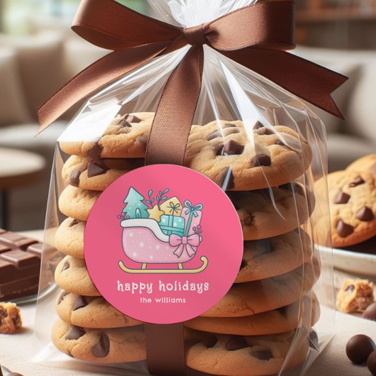 Cute Sleigh with Goodies Happy Holidays Pink  Runder Aufkleber