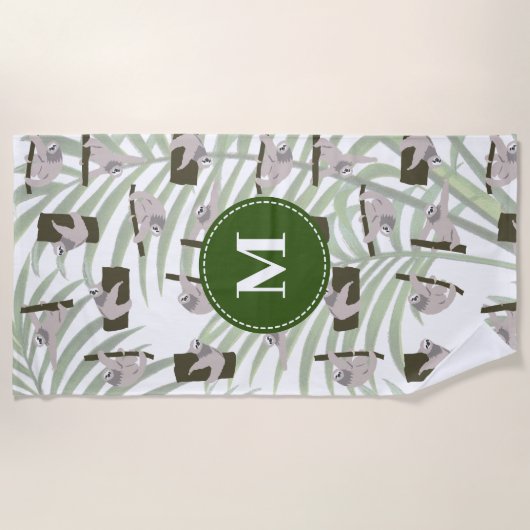 Cute Sloth Animal Pattern in Wild Forest Monogram Strandtuch (Vorderseite)