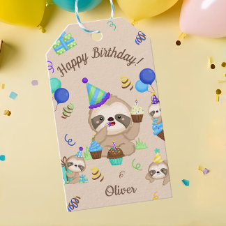 Cute Sloth Birthday Party Blue Balloons & Cupcakes Geschenkanhänger